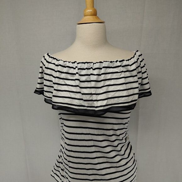 White House Black Market Tops - White House Black Market Off the Shoulder Navy & White Stripe Ruffled Top Sz M
